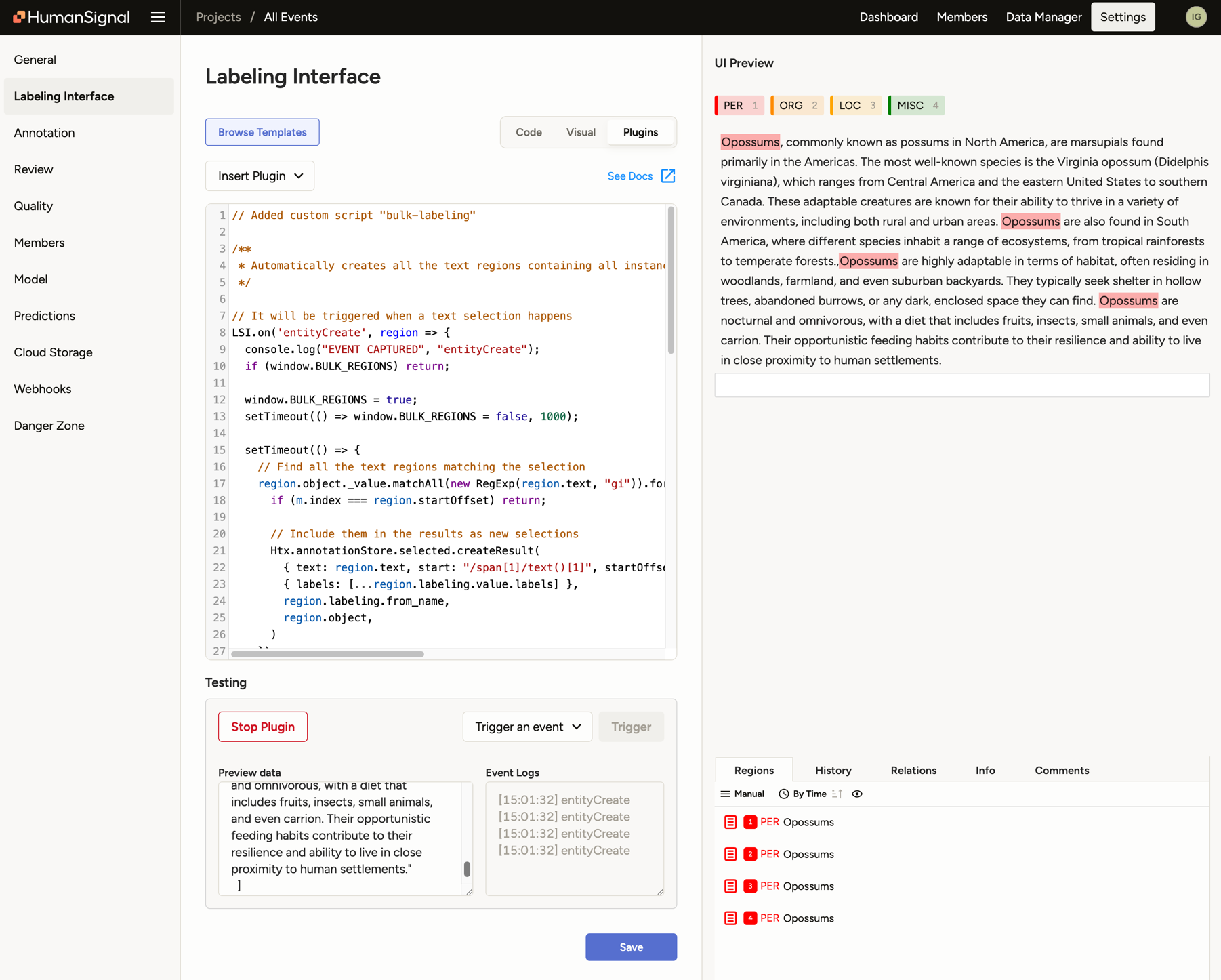 Screenshot of plugin panel